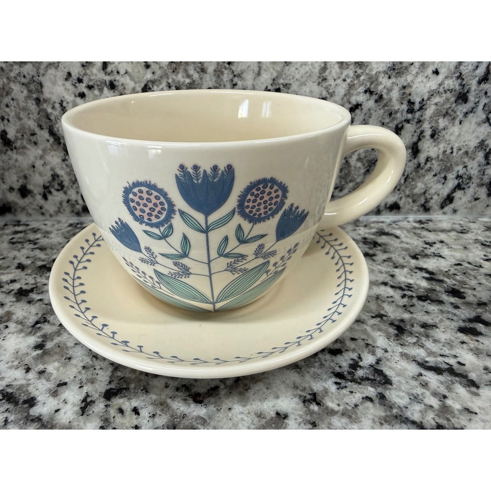 Jen Hewett x World Market Floral Cup & Saucer Set Blue Folk Art Stoneware
